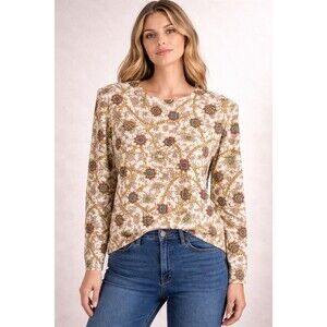 Vintage Baroque Chain Print Blouse XL Gold Retro 90s Shoulder Pad Top